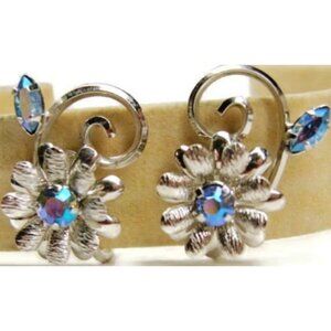 Flower Rhinestones Vintage Sterling 925 Silver Screw Back Earrings Patina